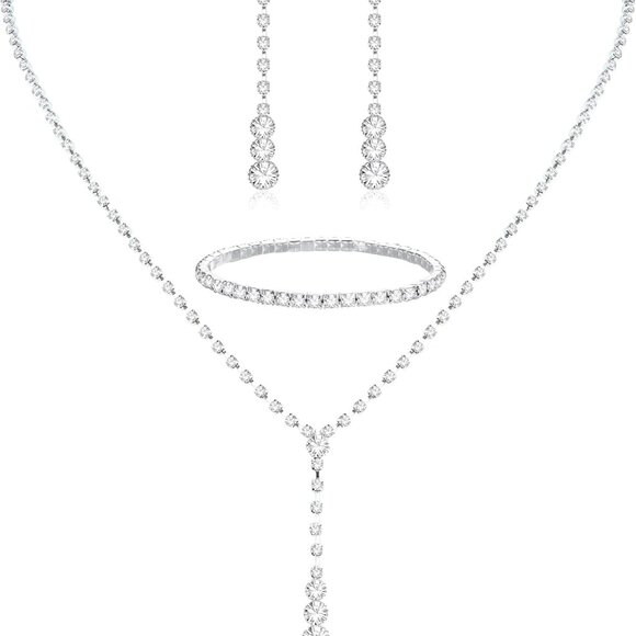 Jewelry - Silver Bridal Jewelry Set Rhinestone Necklace Bracelet Dangle Earrings for Bride